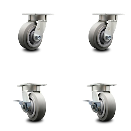 Service Caster 5 Inch Kingpinless Thermoplastic Rubber Wheel Swivel Caster Set with 2 Brakes SCC-KP30S520-TPRRF-2-SLB-2